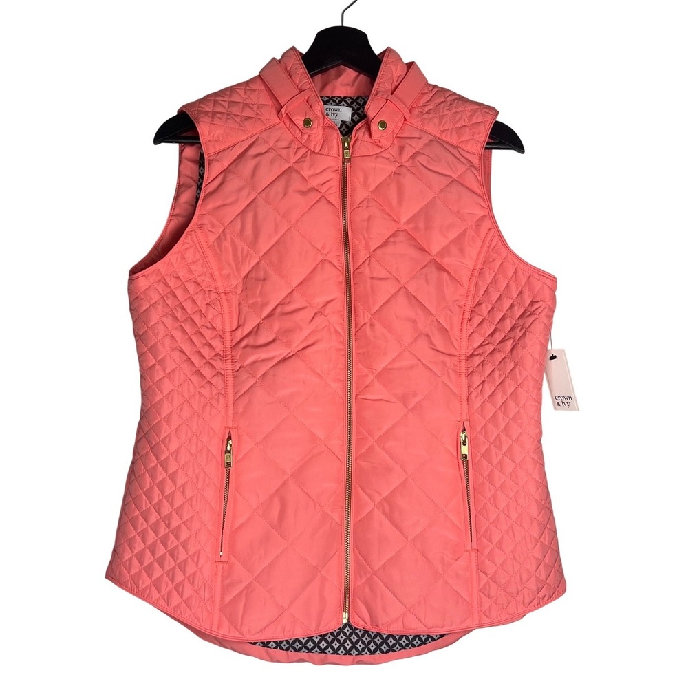 Crown &‎ Ivy Womens Quilted Vest Light Coral Pink Gold Zip Mock Neck Medium NEW